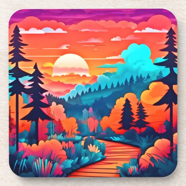 Sunset Path Through Autumn Forest Beverage Coaster (Front)