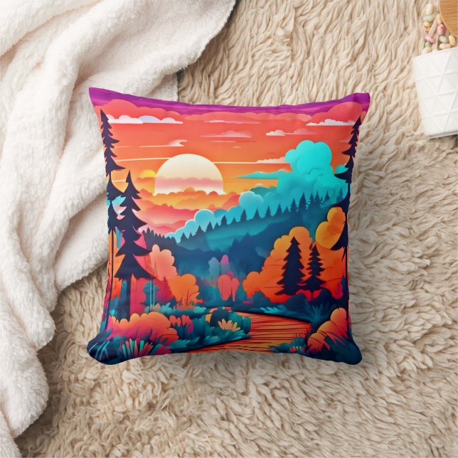 Sunset Path Through Autumn Forest Throw Pillow (Blanket)