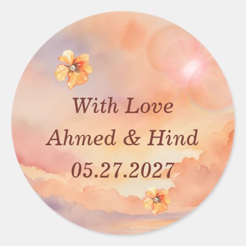 Sunset Pearl Watercolor Wedding  Classic Round  Sticker