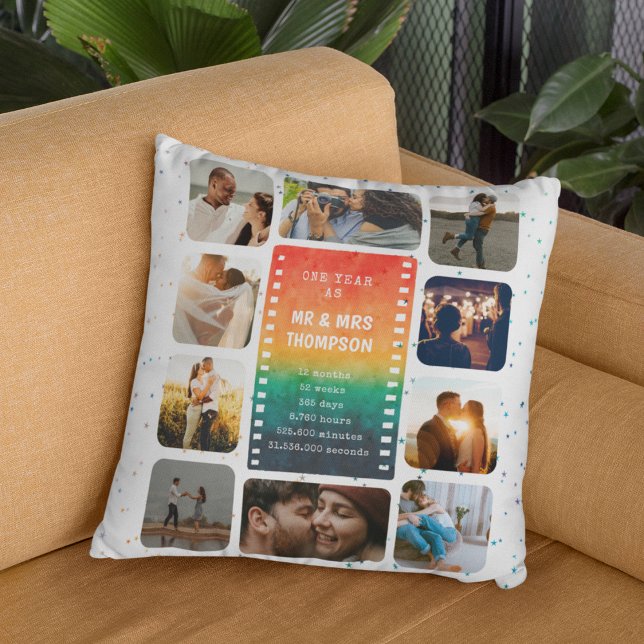 Sunset Photo Collage Mr and Mrs 1st Anniversary Throw Pillow (Creator Uploaded)