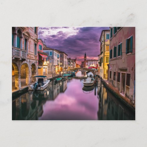 Sunset Picture of Italys Venice Canals with Boats Postcard