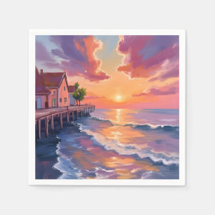Sunset Pier Ocean Waves Golden Hour Seascape Napkins