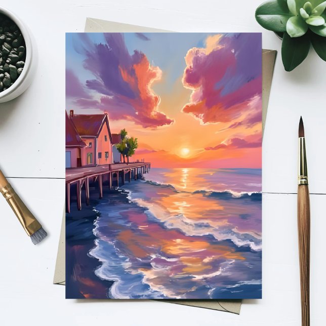Sunset Pier Ocean Waves Golden Hour Seascape Postcard (Creator Uploaded)