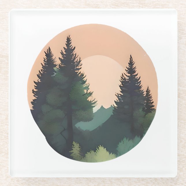 Sunset Pines – Tranquil Mountain Landscape Art Glass Coaster (Front)