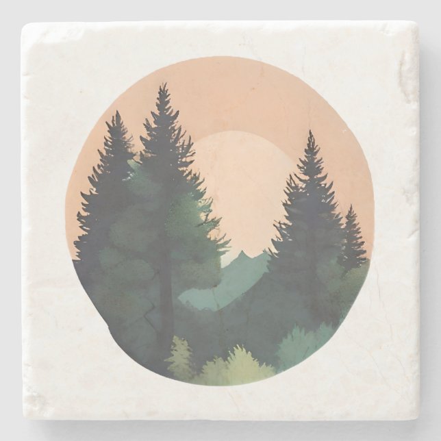 Sunset Pines – Tranquil Mountain Landscape Art Stone Coaster (Front)