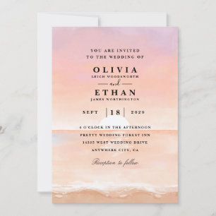 sunset pink beach wedding invitations