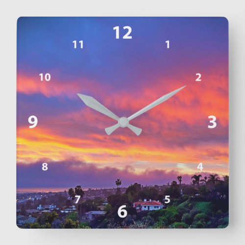 Sunset pink blue clouds modern photo beautiful square wall clock