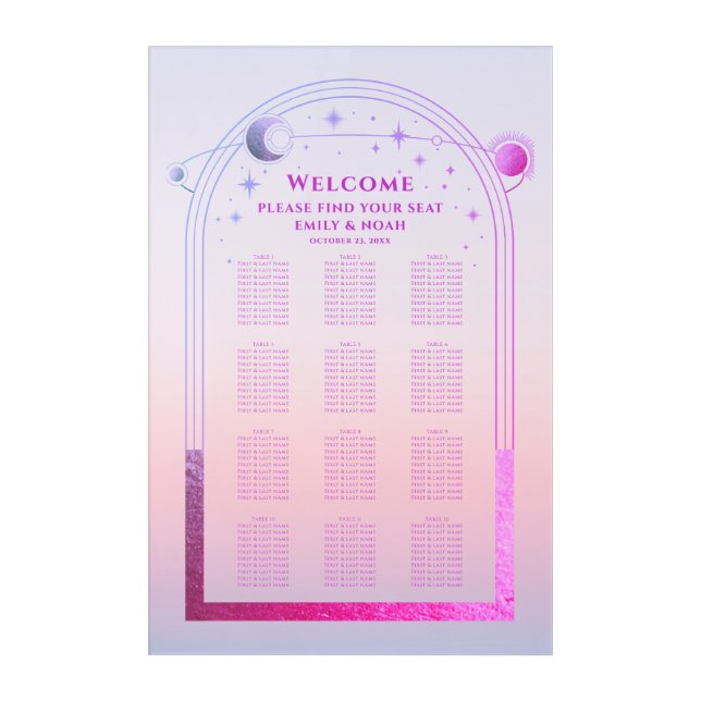 Sunset Pink Celestial Wedding Seating Chart Acrylic Print (Front)