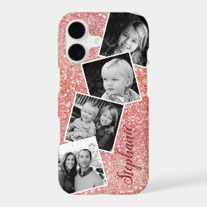 Sunset Pink Glitter Photo Collage Personalized iPhone 17 Case