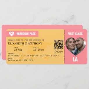 Sunset Pink & Goldenrod Boarding Pass Wedding Invitation