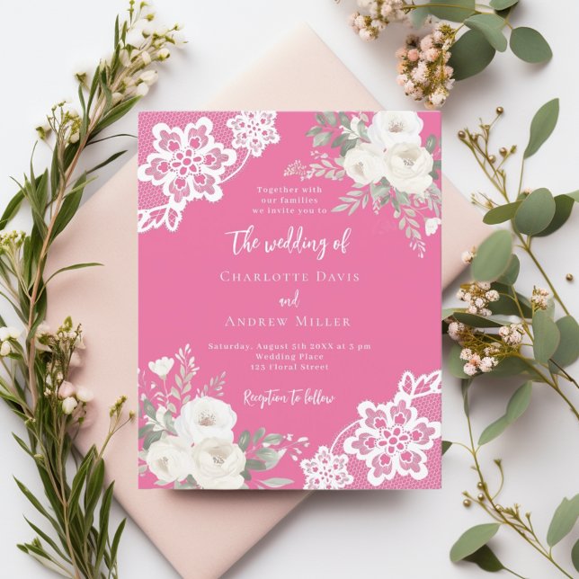 Sunset pink white lace wedding invitation (Creator Uploaded)