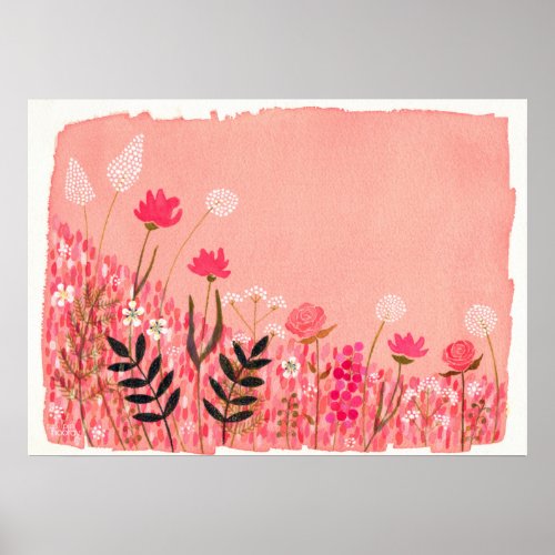 Sunset Pink Wild Field Artist Watercolor Painting Poster