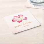 Sunset Plumeria Pink Watercolor Wedding Square Paper Coaster<br><div class="desc">These wedding coasters feature watercolor pink plumeria flowers. You can personalize them with your names and wedding date. Click on the "Customize" button for more options if you need to change the text size or would like to add any additional text. These coasters are part of the Sunset Plumeria Wedding...</div>