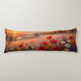 Sunset Poppy Field Impressionist Painting Body Pillow