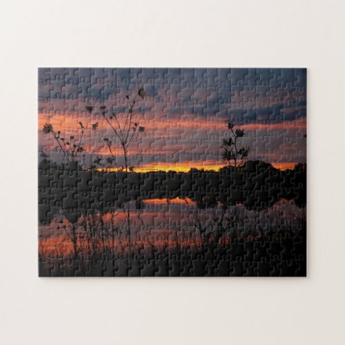 Sunset Purple Orange Black Silhouette Lake Photo Jigsaw Puzzle