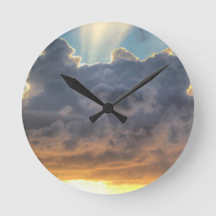 Sunset Rays of Light through Stormy Clouds Round Clock