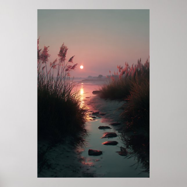 Sunset Reeds Stream Coastal Path Glow Poster (Front)