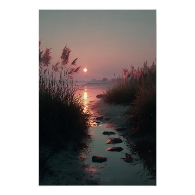 Sunset Reeds Stream Coastal Path Glow Poster (Front)