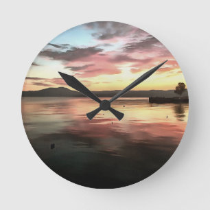 Sunset Reflected On Water Koycegiz Lake Painting Round Clock