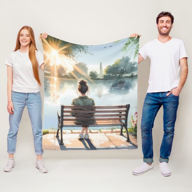 Sunset Reflections Lake Scene Fleece Blanket (In Situ)