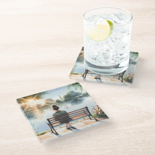Sunset Reflections Lake Scene Glass Coaster (Angled)