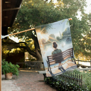 Sunset Reflections Lake Scene House Flag