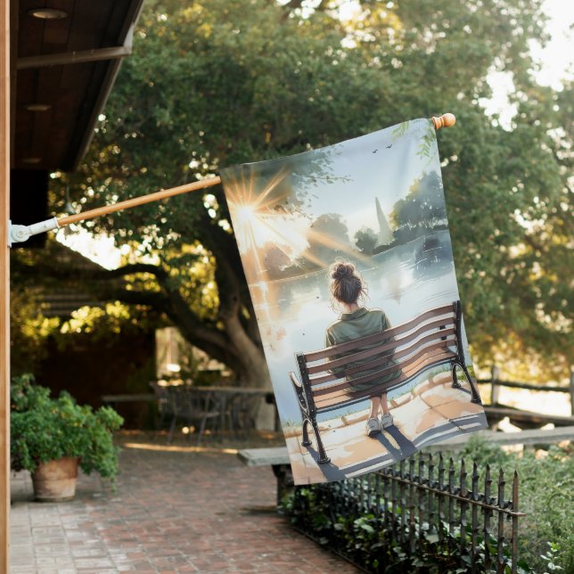 Sunset Reflections Lake Scene House Flag (In SItu)