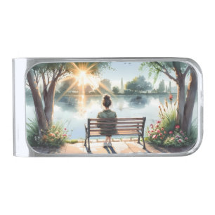 Sunset Reflections Lake Scene Silver Finish Money Clip