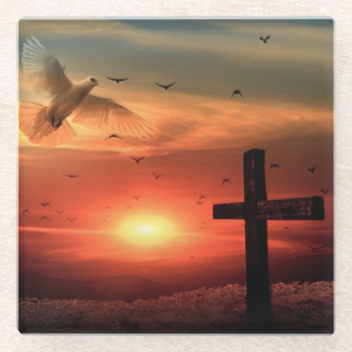 Sunset Resurrection Dove and Cross Glass Coaster