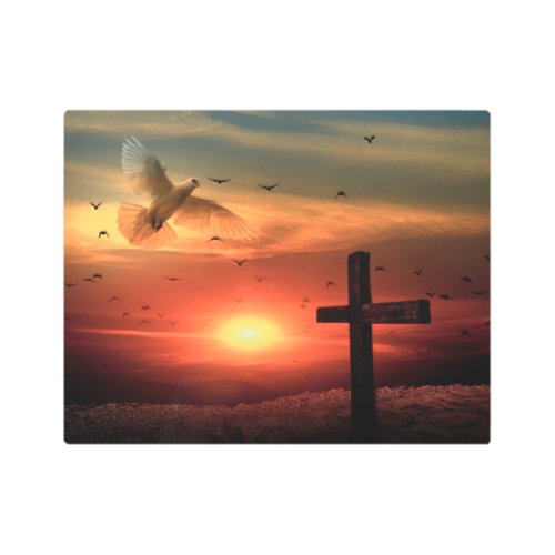 Sunset Resurrection Dove and Cross Metal Print