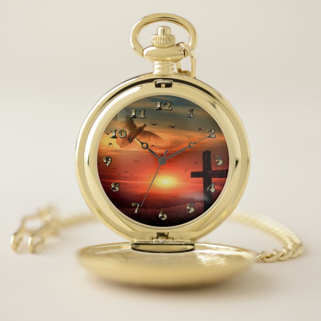 Sunset Resurrection Dove and Cross Pocket Watch (Inside)