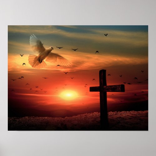 Sunset Resurrection Dove and Cross Poster