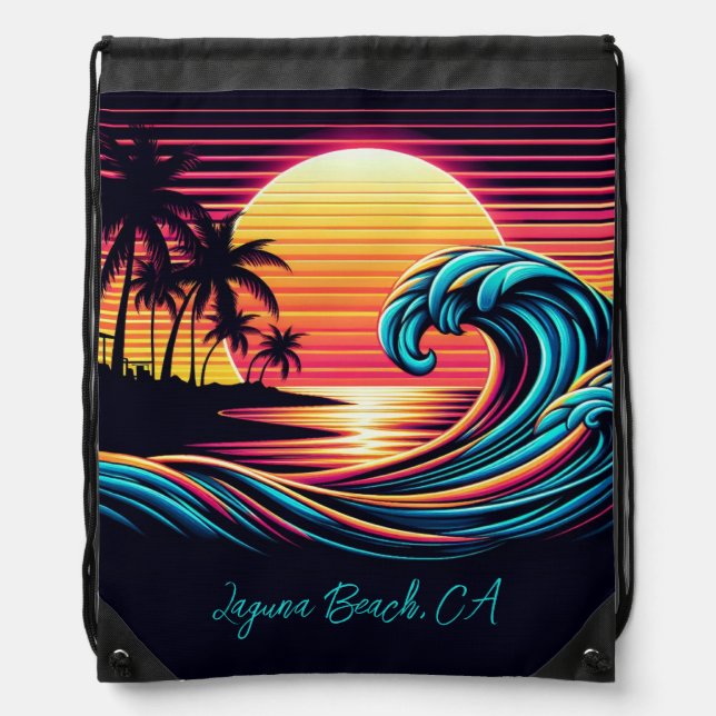 Sunset Retro Surf Wave- Drawstring Bag (Front)