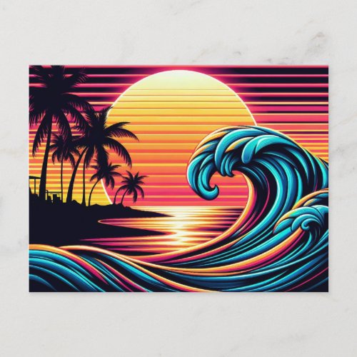 Sunset Retro Surf Wave Postcard