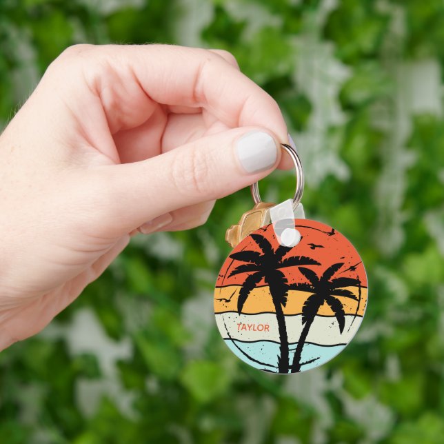 Sunset Retro Vintage Beach Palm Tree  Keychain (Hand)