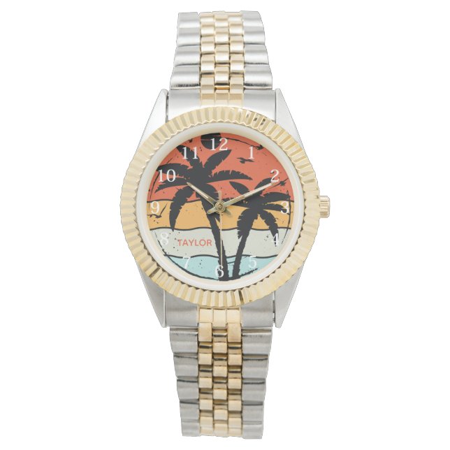 Sunset Retro Vintage Beach Palm Tree  Watch (Front)