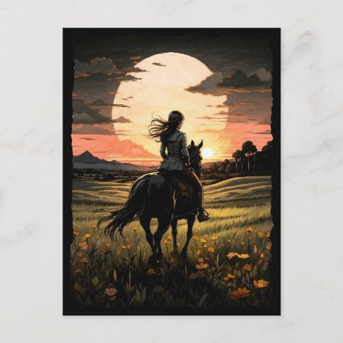 Sunset rider girl design postcard