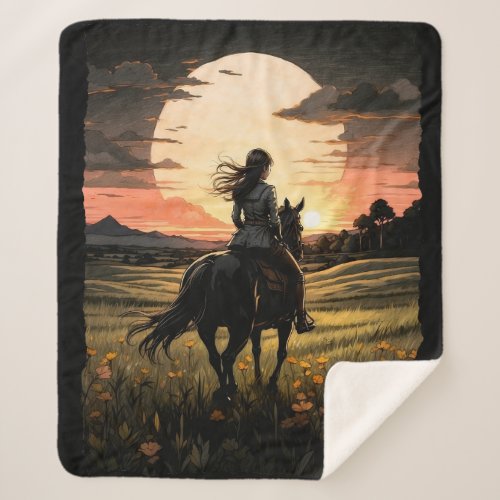 Sunset rider girl design sherpa blanket