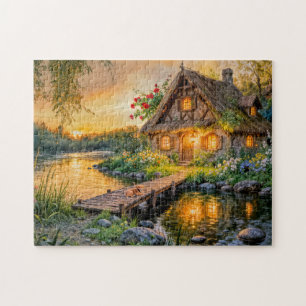 Sunset River Cottage with Dog on Bridge and Flower Jigsaw Puzzle