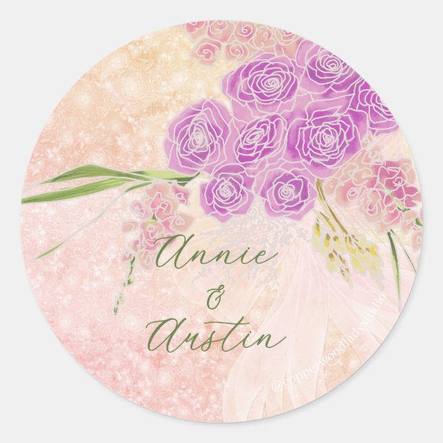 Sunset Rose-Coquette blush bow Bouquet Classic Round Sticker (Front)