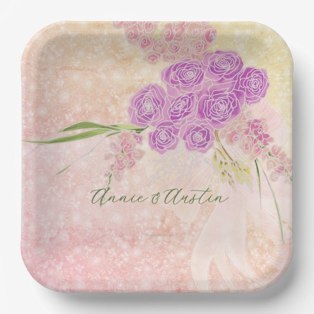 Sunset Rose Coquette Blush bow Bouquet SQ. Paper Plates (Front)
