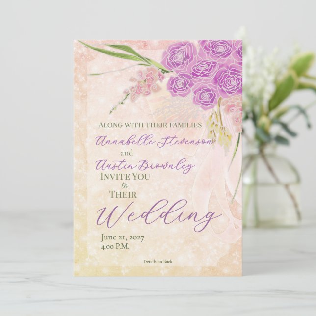 Sunset Rose Garden Sheer bow Bouquet Wedding  Invitation (Standing Front)