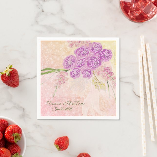 Sunset rose hand paint Coquette Blush bow Bouquet  Napkins (Insitu)