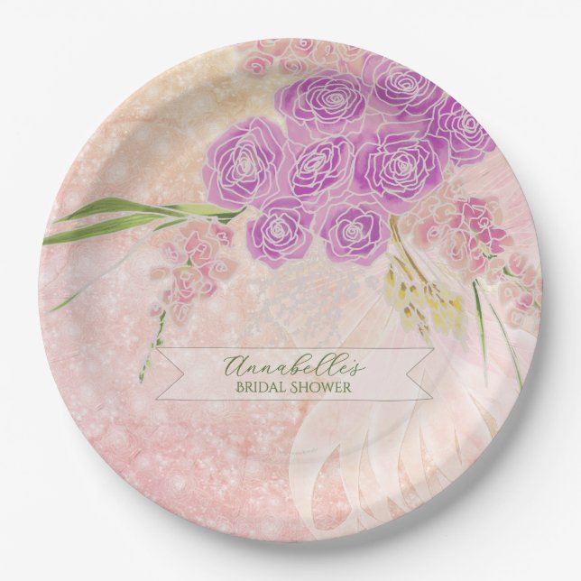 Sunset rose hand painted  Blush bow Bouquet  Paper Plates (Front)