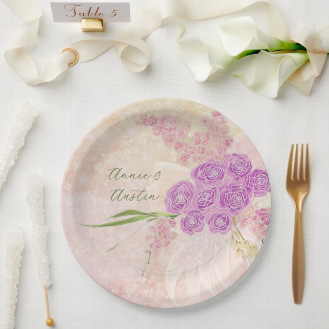 Sunset rose hand painted  Blush bow Bouquet  Paper Plates (Wedding)