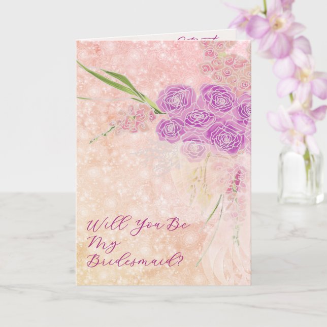 Sunset rose Will You Be My Bridesmaid bow Bouquet  Card (Orchid)