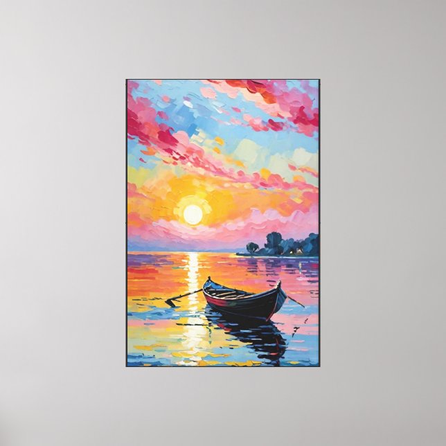 Sunset Rowboat on Tranquil Water – Abstract Art Canvas Print (Front)