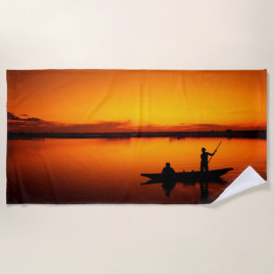 Sunset Rowing Boat Silhouette on the Sea-16497 Beach Towel