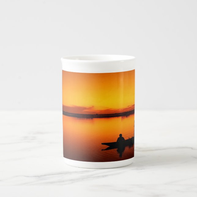 Sunset Rowing Boat Silhouette on the Sea-16497 Bone China Mug (Front)