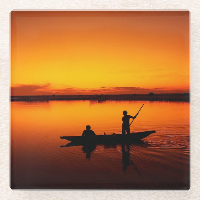 Sunset Rowing Boat Silhouette on the Sea-16497 Glass Coaster (Front)